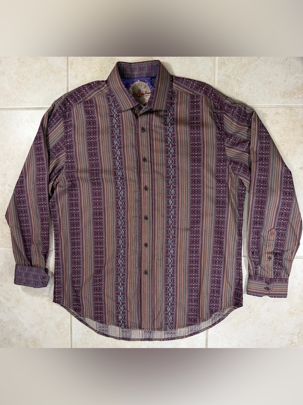 Robert Graham Men’s Vertical Stripe Paisley Embroidered Collared Shirt XL